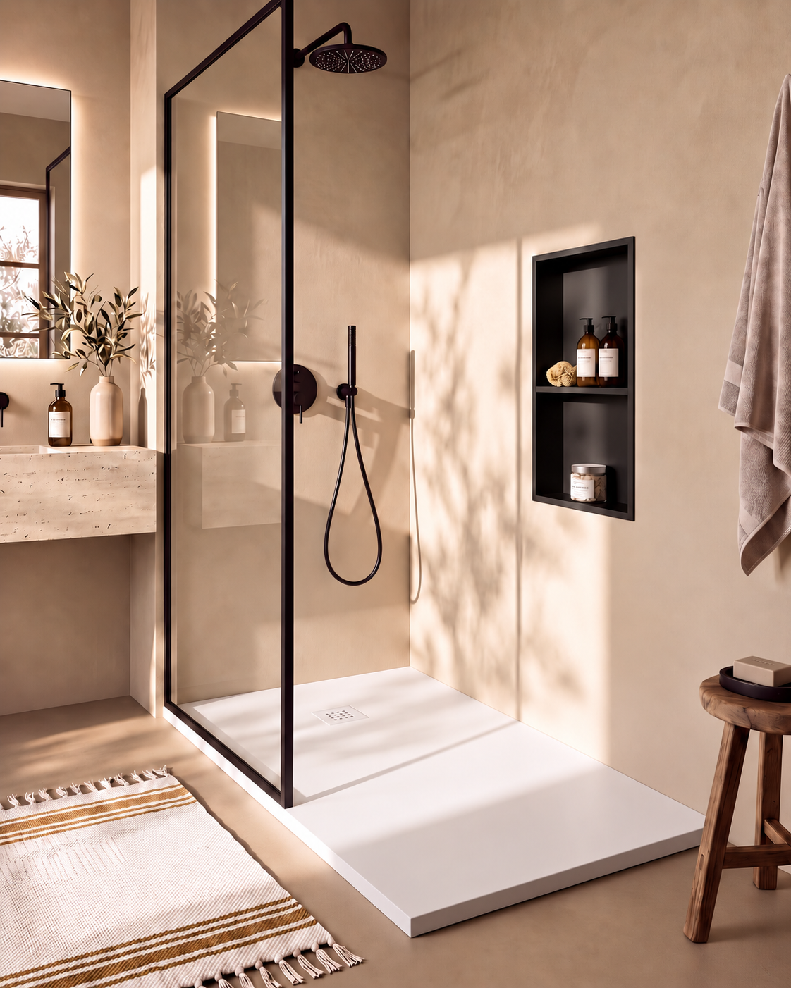 Arvi receveur de douche résine Blanc – avec niche de douche Ebra 2 étagères sans éclairage Noir, grille d’évacuation blanche, vue de biais
