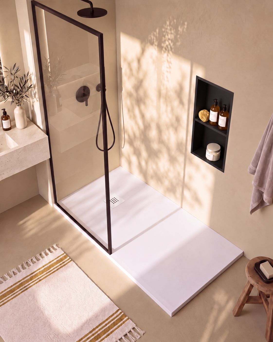 Arvi receveur de douche résine Blanc – avec niche de douche Ebra 2 étagères sans éclairage Noir, grille d’évacuation blanche, vue de dessus