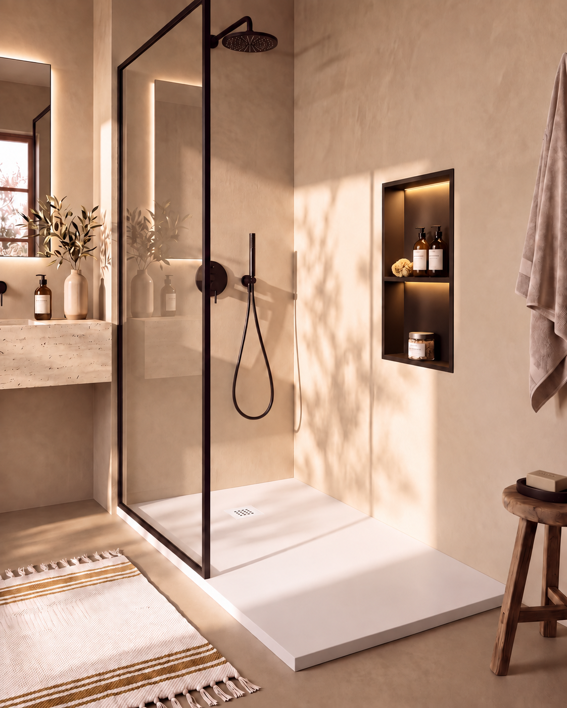 Arvi receveur de douche résine Blanc – avec niche de douche Ebra 2 étagères avec éclairage Noir, grille d’évacuation blanche, vue de biais