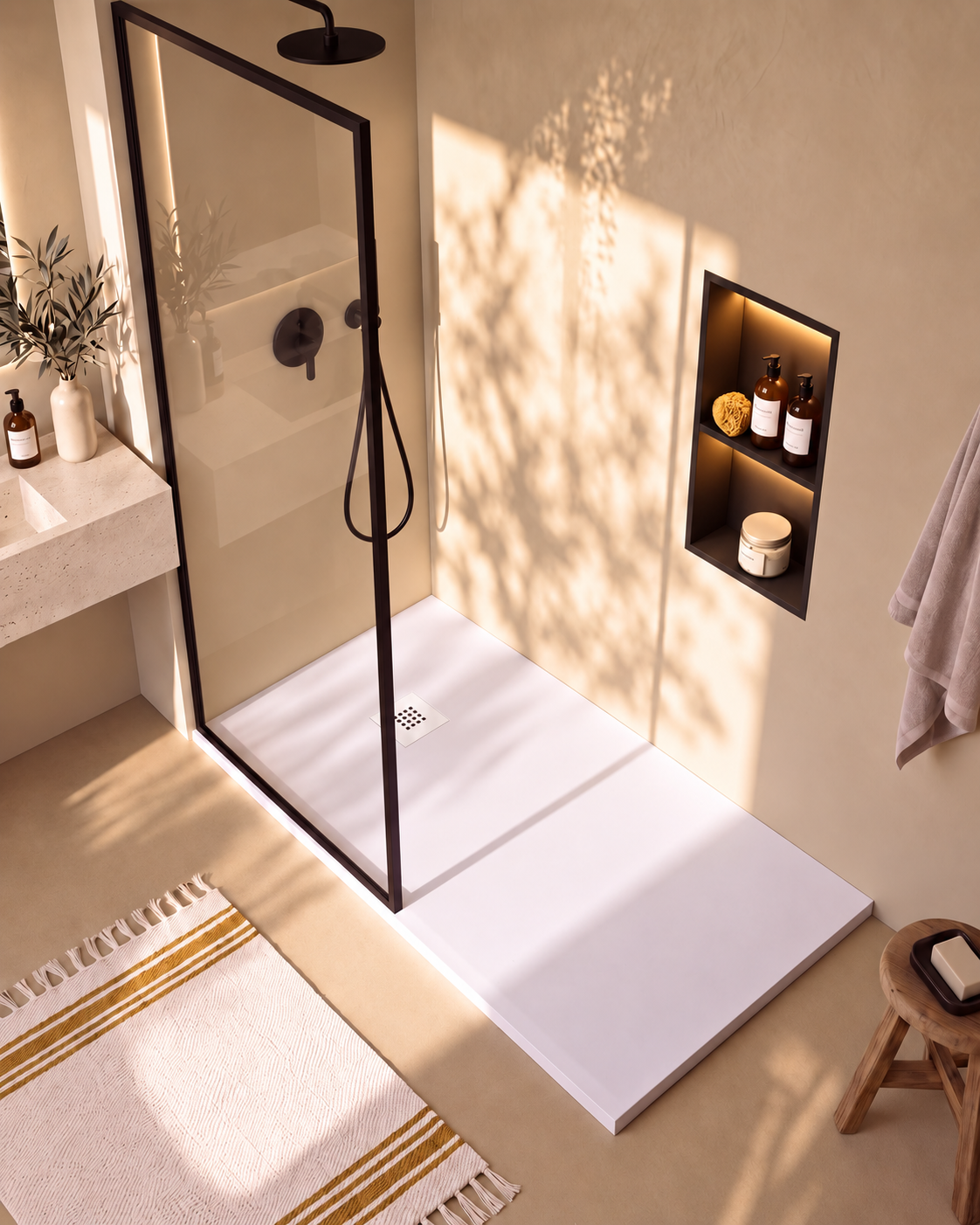 Arvi receveur de douche résine Blanc – avec niche de douche Ebra 2 étagères avec éclairage Noir, grille d’évacuation blanche, vue de dessus