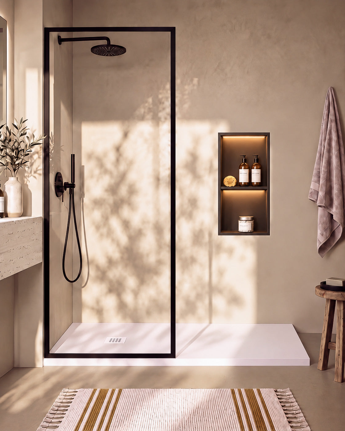 Arvi receveur de douche résine Blanc – avec niche de douche Ebra 2 étagères avec éclairage Noir, grille d’évacuation blanche, vue de face