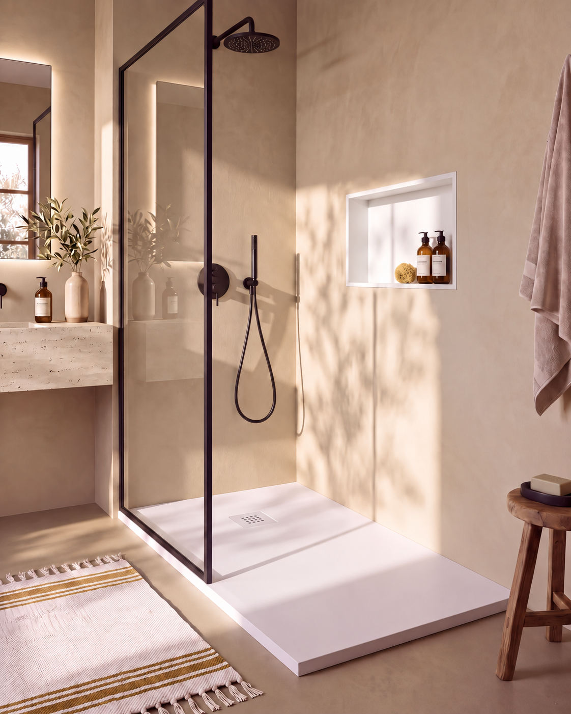 Arvi receveur de douche résine Blanc – avec niche de douche Ebra 1 grande étagère sans éclairage Blanc, grille d’évacuation blanche, vue de biais