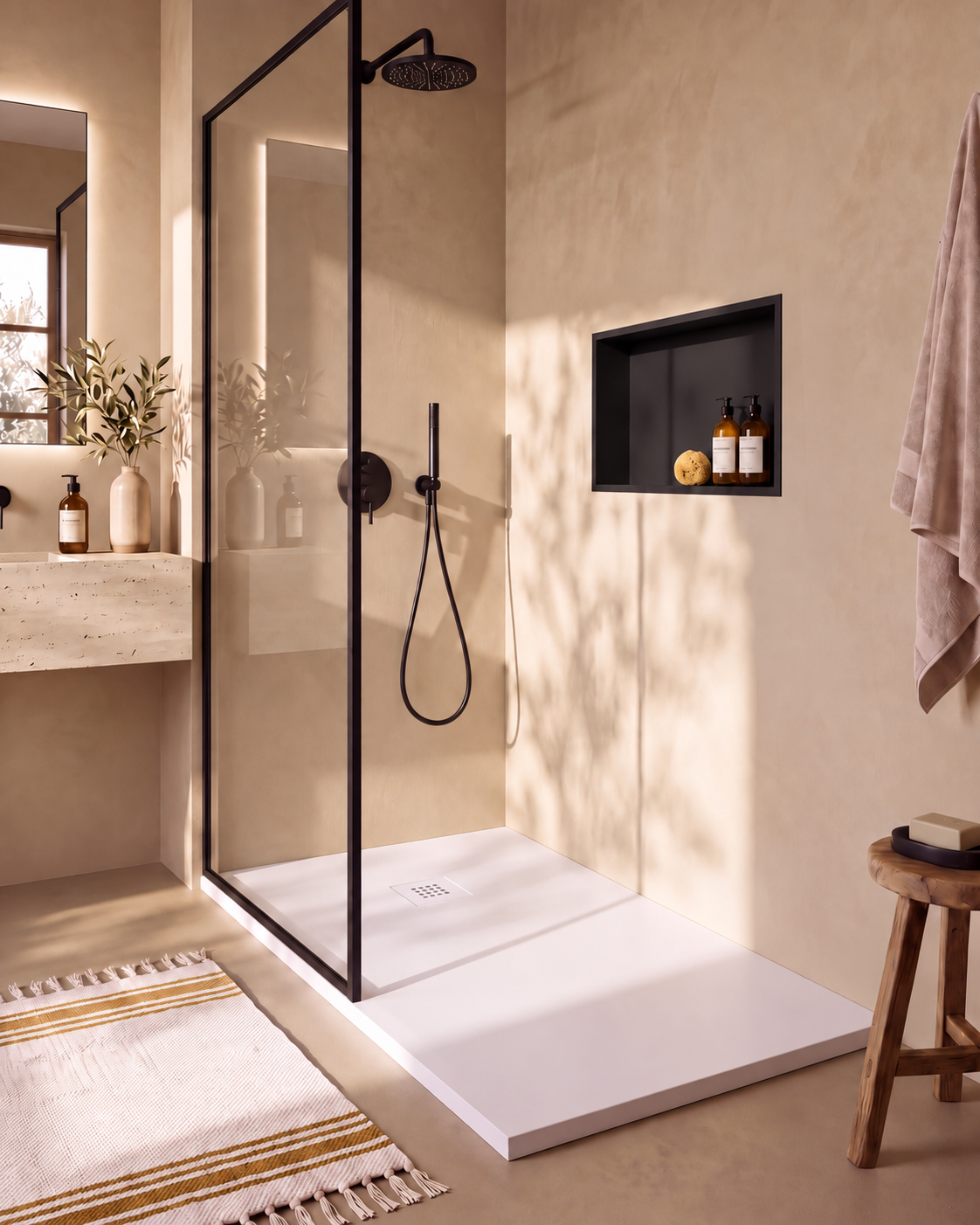 Arvi receveur de douche résine Blanc – avec niche de douche Ebra 1 grande étagère sans éclairage Noir, grille d’évacuation blanche, vue de biais