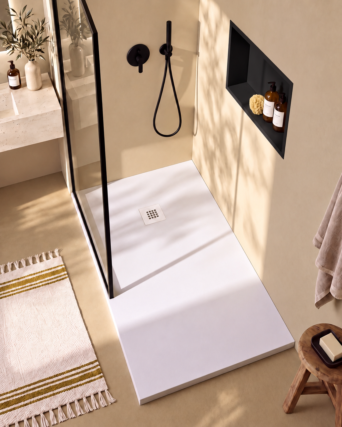 Arvi receveur de douche résine Blanc – avec niche de douche Ebra 1 grande étagère sans éclairage Noir, grille d’évacuation blanche, vue de dessus