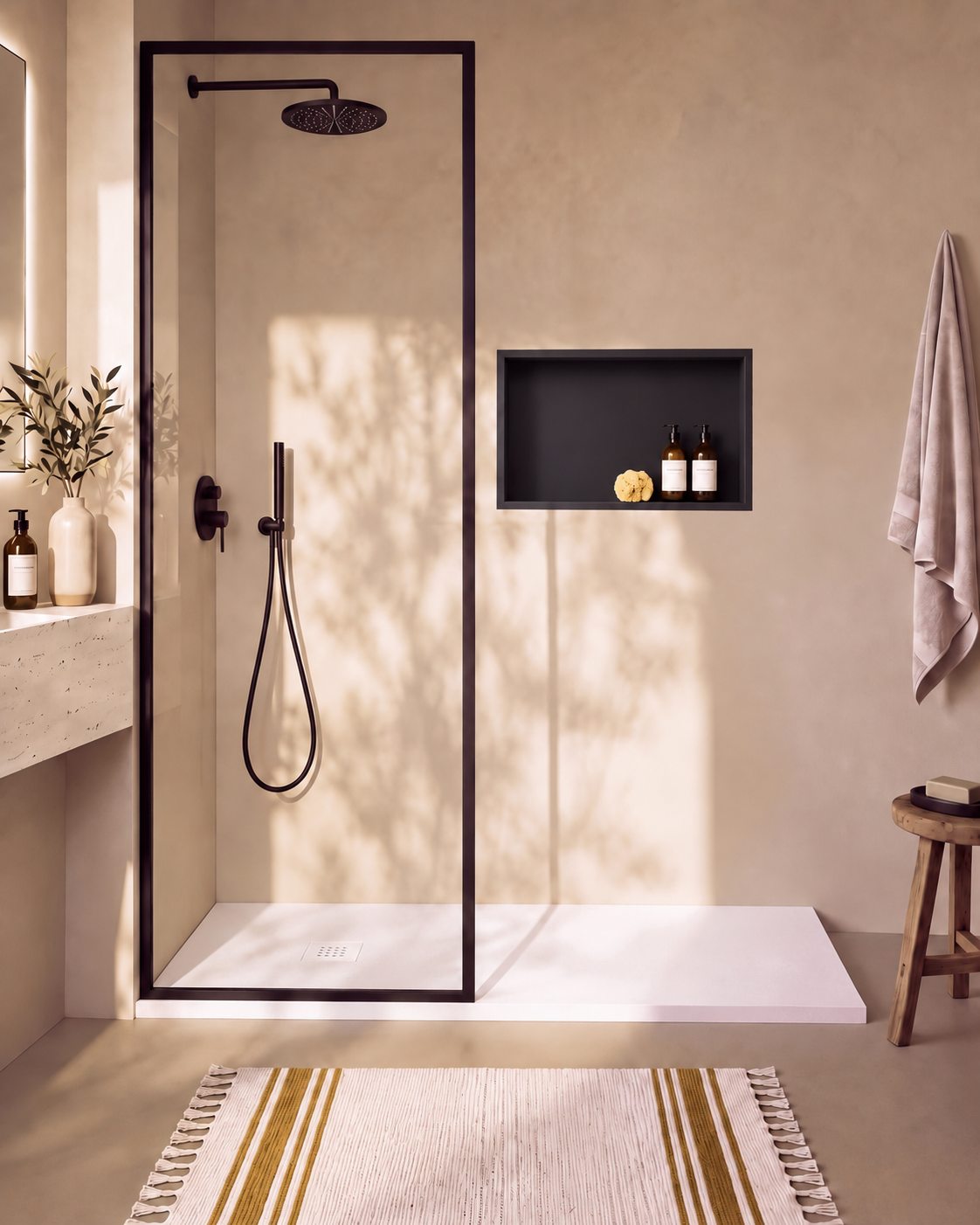 Arvi receveur de douche résine Blanc – avec niche de douche Ebra 1 grande étagère sans éclairage Noir, grille d’évacuation blanche, vue de face
