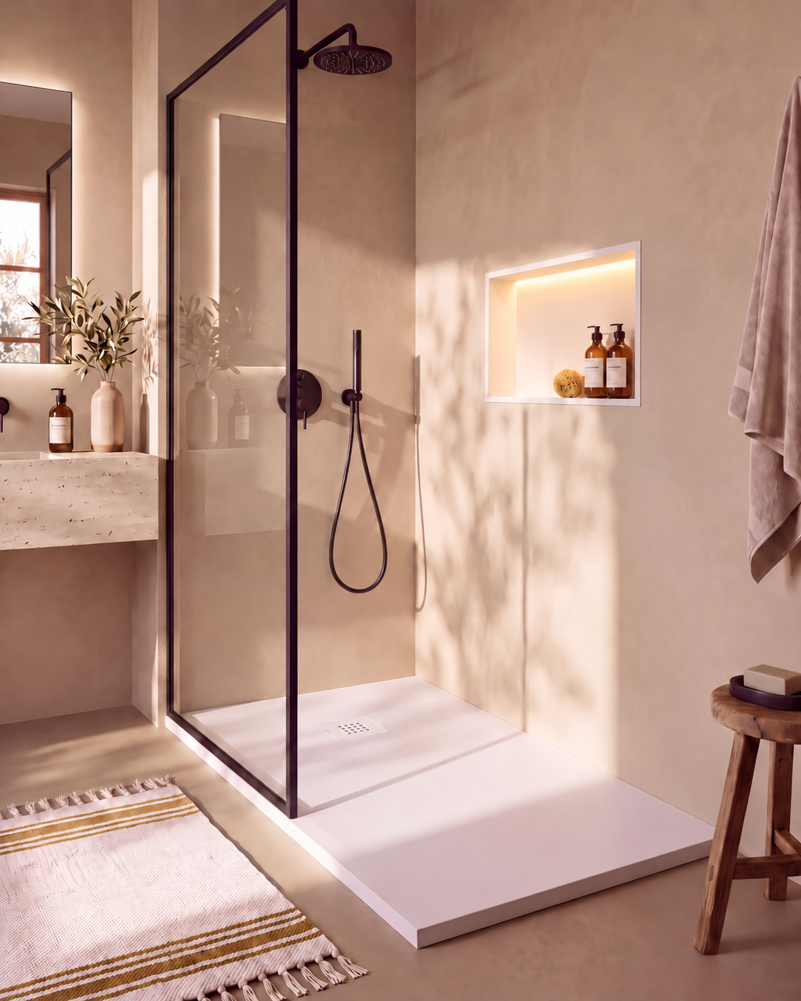 Arvi receveur de douche résine Blanc – avec niche de douche Ebra 1 grande étagère avec éclairage Blanc, grille d’évacuation blanche, vue de biais