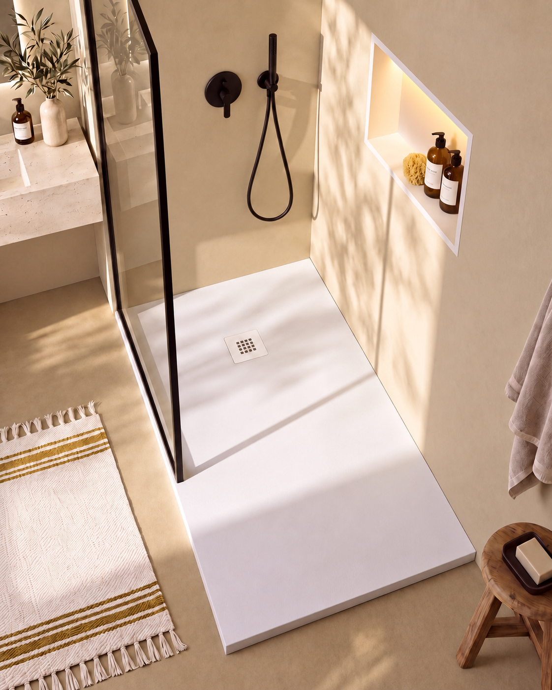 Arvi receveur de douche résine Blanc – avec niche de douche Ebra 1 grande étagère avec éclairage Blanc, grille d’évacuation blanche, vue de dessus