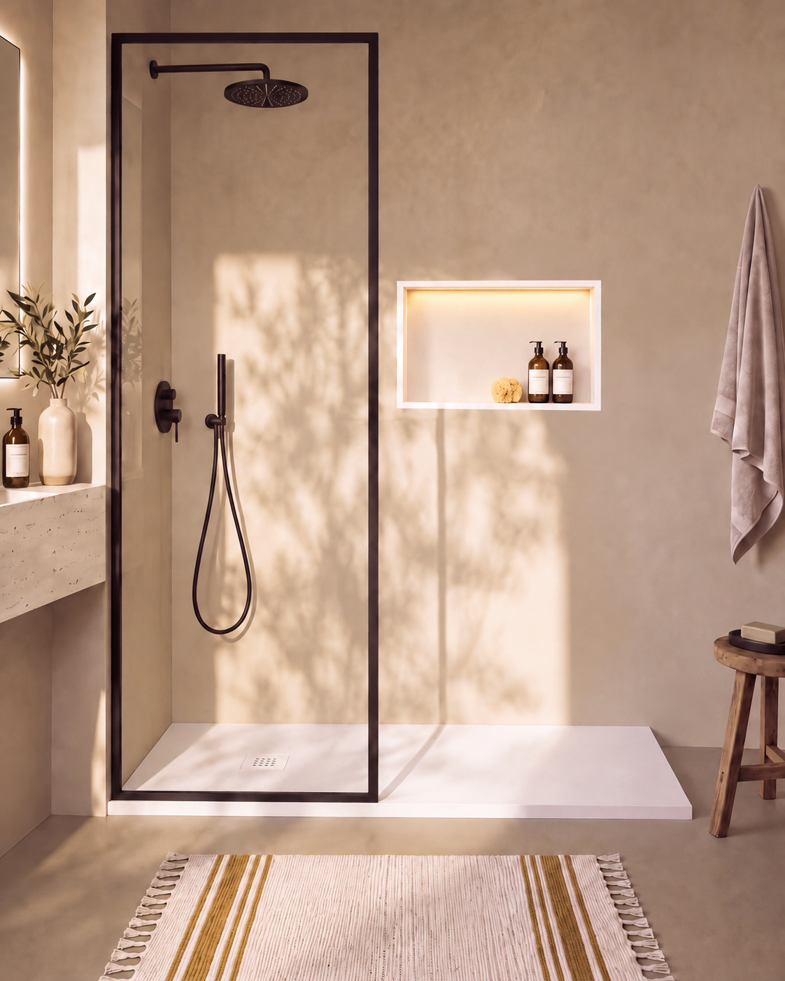 Arvi receveur de douche résine Blanc – avec niche de douche Ebra 1 grande étagère avec éclairage Blanc, grille d’évacuation blanche, vue de face