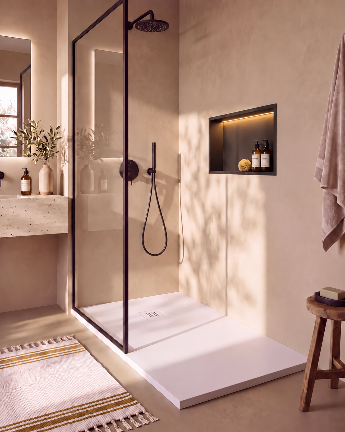 Arvi receveur de douche résine Blanc – avec niche de douche Ebra 1 grande étagère avec éclairage Noir, grille d’évacuation blanche, vue de biais