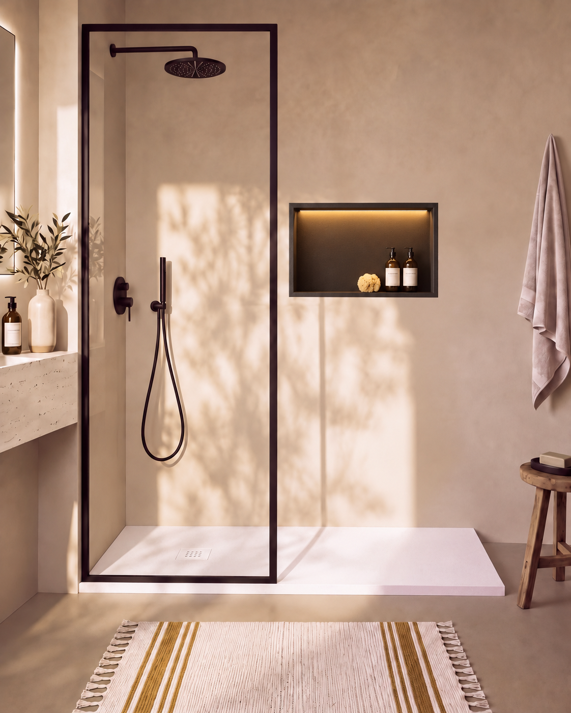 Arvi receveur de douche résine Blanc – avec niche de douche Ebra 1 grande étagère avec éclairage Noir, grille d’évacuation blanche, vue de face