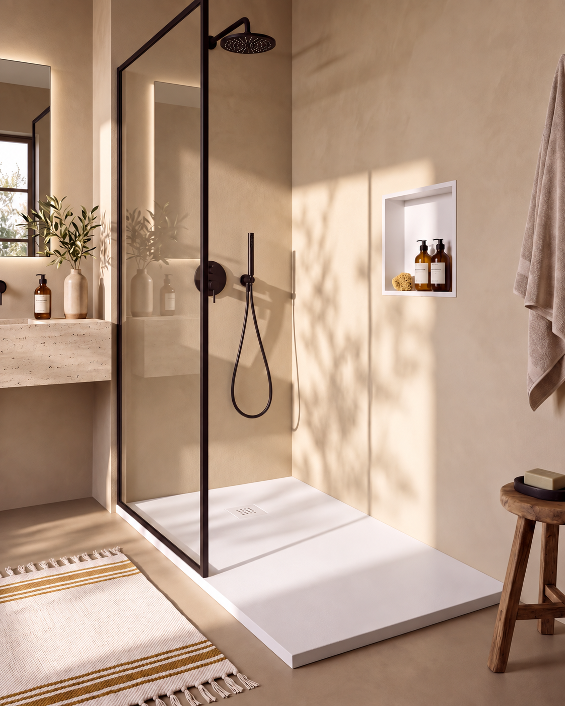 Arvi receveur de douche résine Blanc – grille d’évacuation blanche, vue de biais