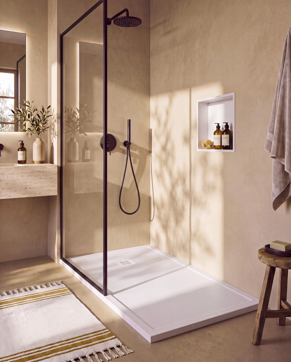 Arvi Marco receveur de douche résine Blanc – avec niche de douche Ebra 1 étagère sans éclairage Blanc, grille d’évacuation blanche, vue de biais