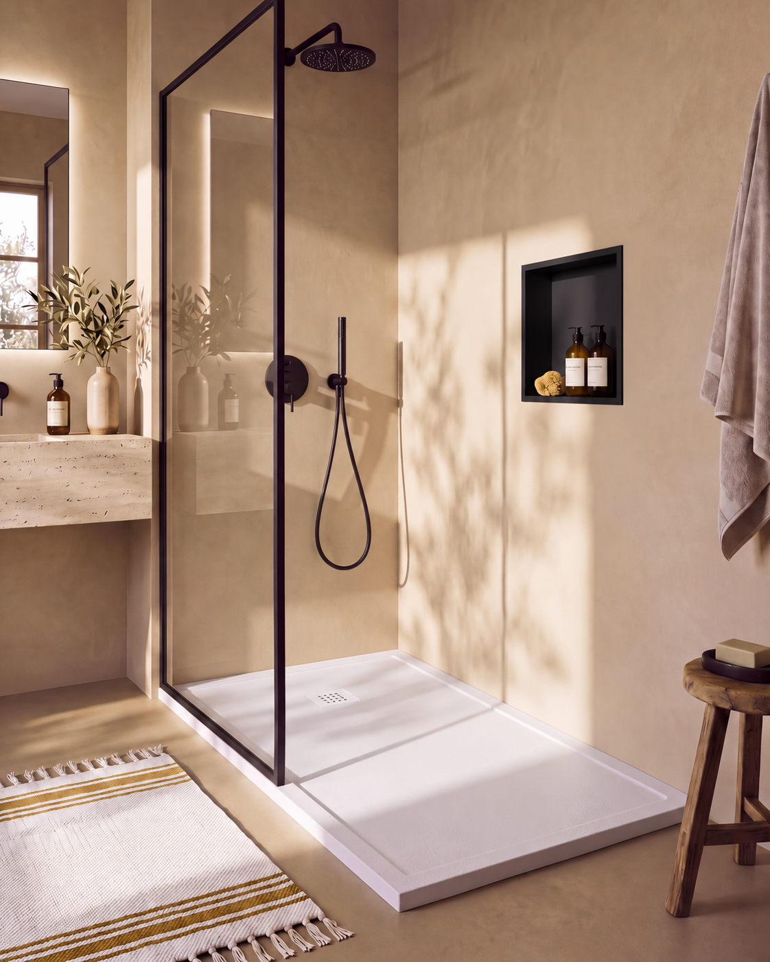 Arvi Marco receveur de douche résine Blanc – avec niche de douche Ebra 1 étagère sans éclairage Noir, grille d’évacuation blanche, vue de biais