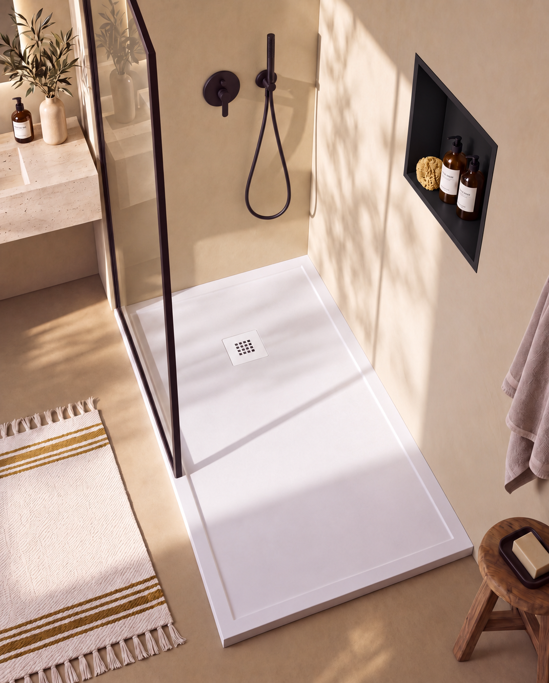 Arvi Marco receveur de douche résine Blanc – avec niche de douche Ebra 1 étagère sans éclairage Noir, grille d’évacuation blanche, vue de dessus