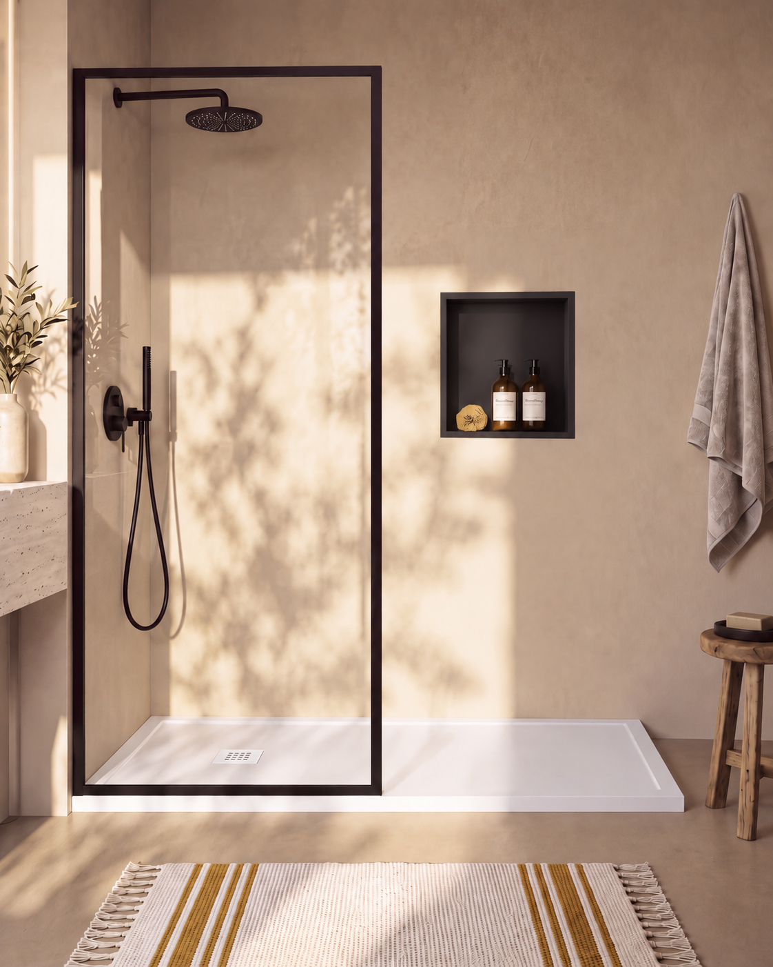 Arvi Marco receveur de douche résine Blanc – avec niche de douche Ebra 1 étagère sans éclairage Noir, grille d’évacuation blanche, vue de face