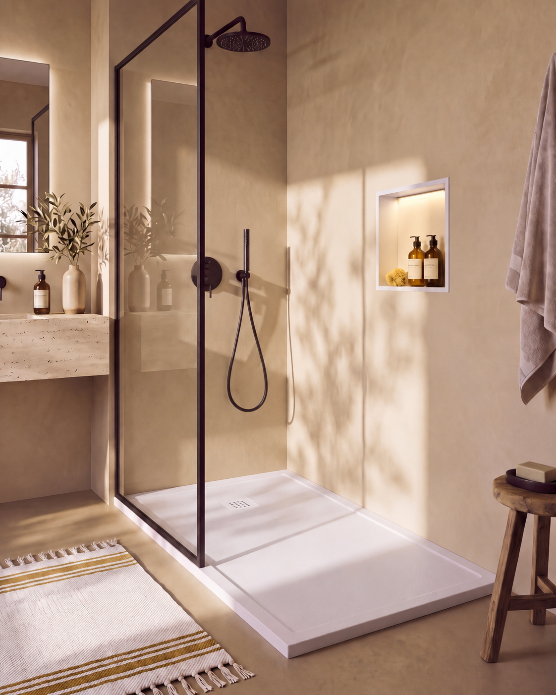 Arvi Marco receveur de douche résine Blanc – avec niche de douche Ebra 1 étagère avec éclairage Blanc, grille d’évacuation blanche, vue de biais