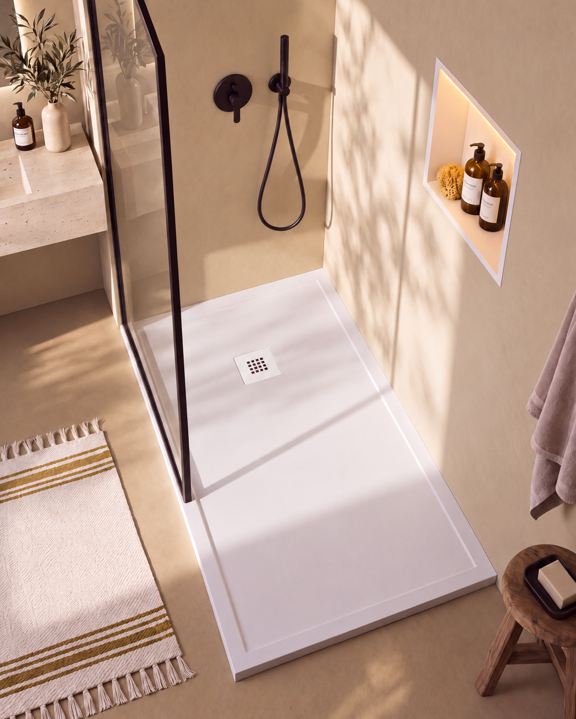 Arvi Marco receveur de douche résine Blanc – avec niche de douche Ebra 1 étagère avec éclairage Blanc, grille d’évacuation blanche, vue de dessus