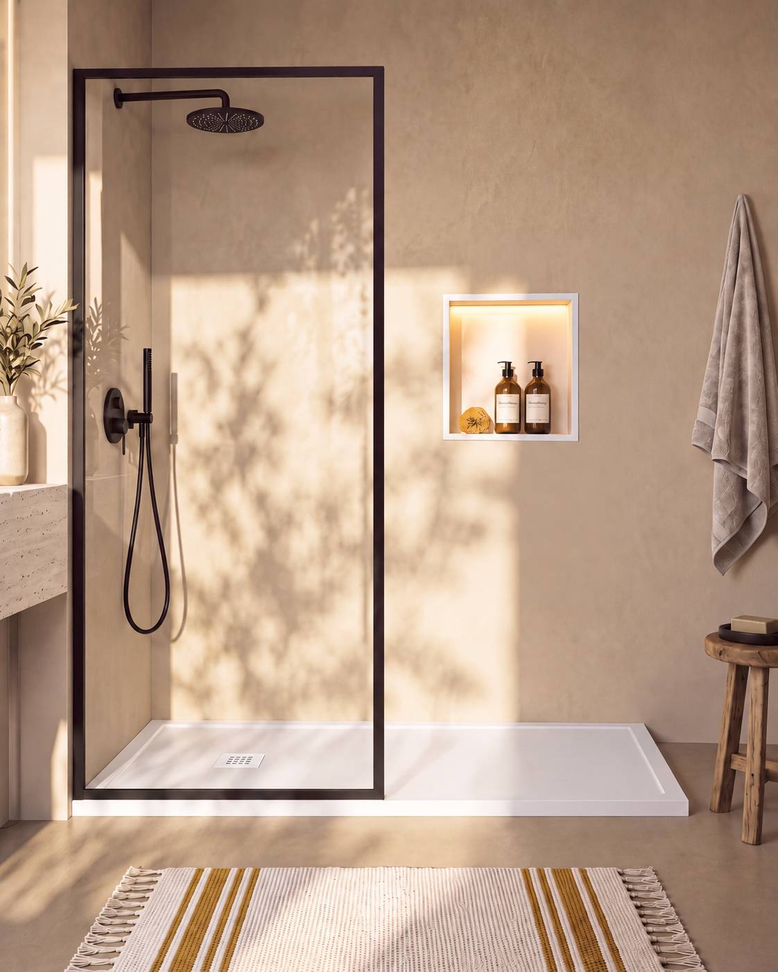 Arvi Marco receveur de douche résine Blanc – avec niche de douche Ebra 1 étagère avec éclairage Blanc, grille d’évacuation blanche, vue de face