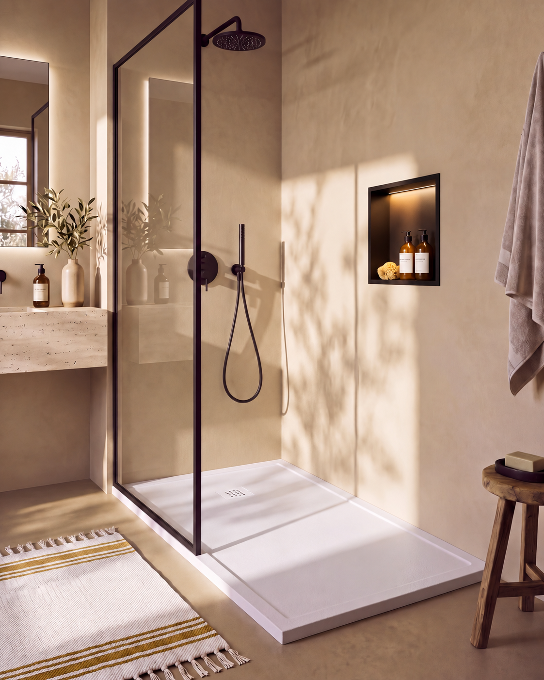 Arvi Marco receveur de douche résine Blanc – avec niche de douche Ebra 1 étagère avec éclairage Noir, grille d’évacuation blanche, vue de biais