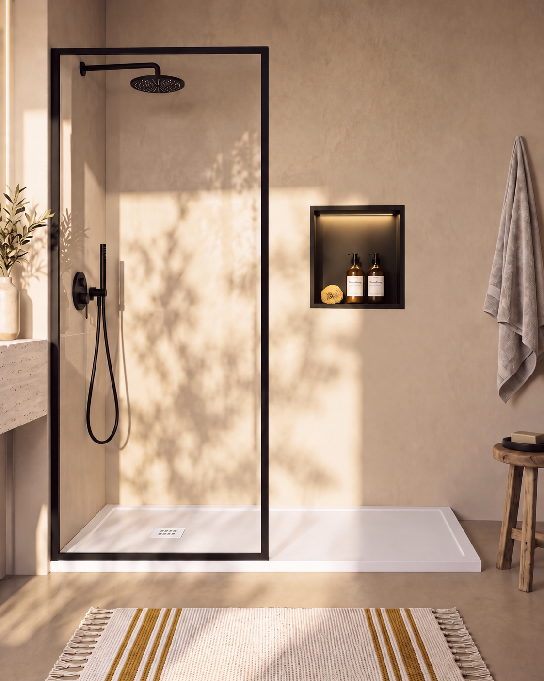 Arvi Marco receveur de douche résine Blanc – avec niche de douche Ebra 1 étagère avec éclairage Noir, grille d’évacuation blanche, vue de face