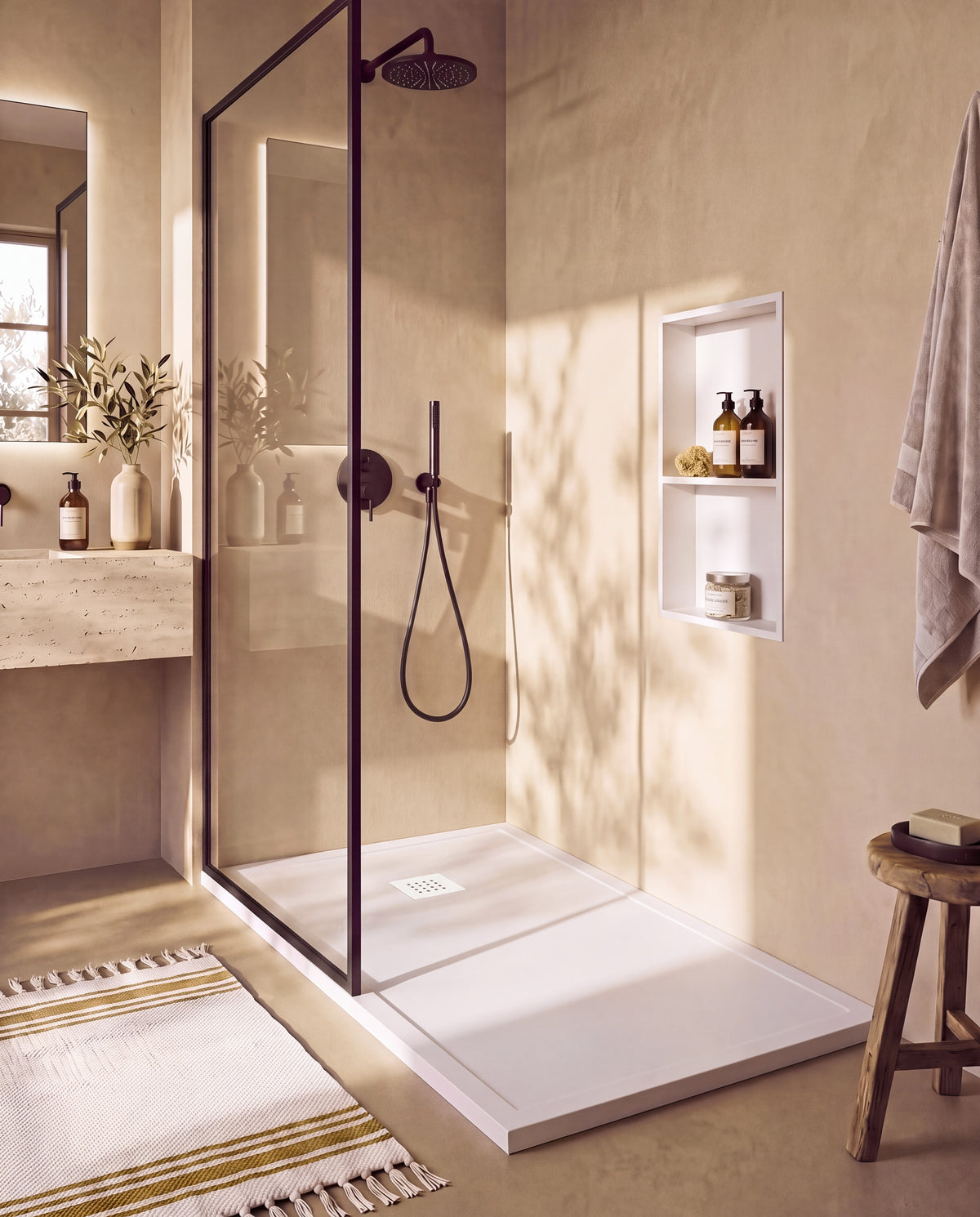 Arvi Marco receveur de douche résine Blanc – avec niche de douche Ebra 2 étagères sans éclairage Blanc, grille d’évacuation blanche, vue de biais