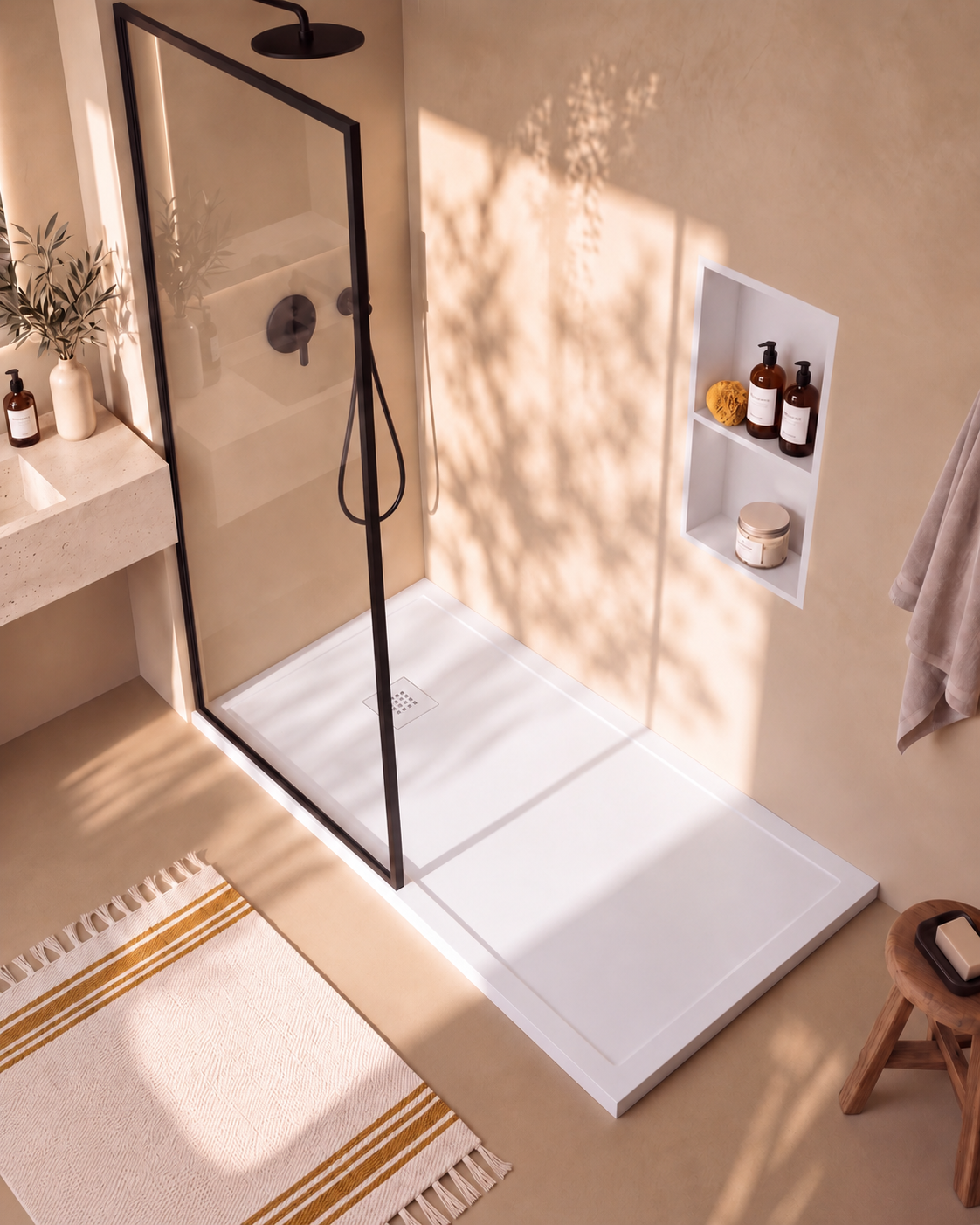 Arvi Marco receveur de douche résine Blanc – avec niche de douche Ebra 2 étagères sans éclairage Blanc, grille d’évacuation blanche, vue de dessus