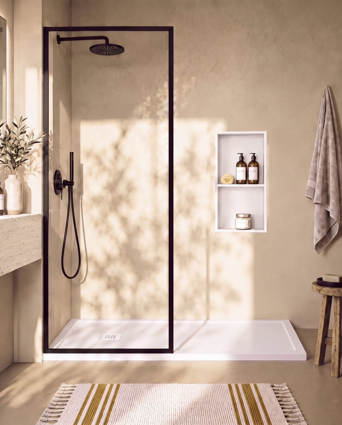 Arvi Marco receveur de douche résine Blanc – avec niche de douche Ebra 2 étagères sans éclairage Blanc, grille d’évacuation blanche, vue de face