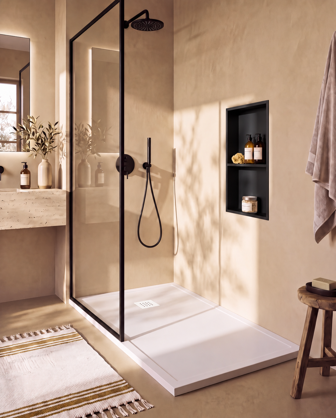 Arvi Marco receveur de douche résine Blanc – avec niche de douche Ebra 2 étagères sans éclairage Noir, grille d’évacuation blanche, vue de biais