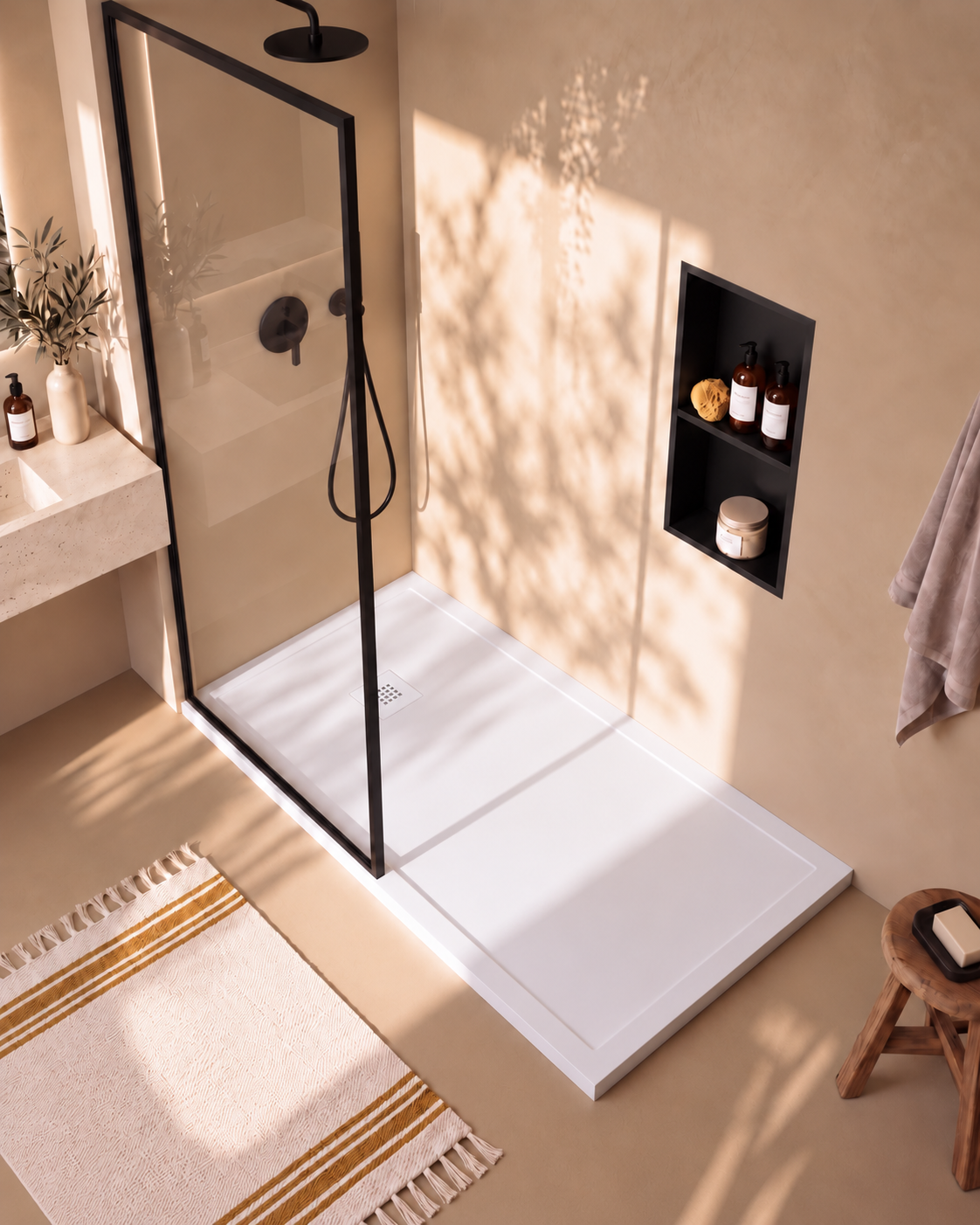 Arvi Marco receveur de douche résine Blanc – avec niche de douche Ebra 2 étagères sans éclairage Noir, grille d’évacuation blanche, vue de dessus