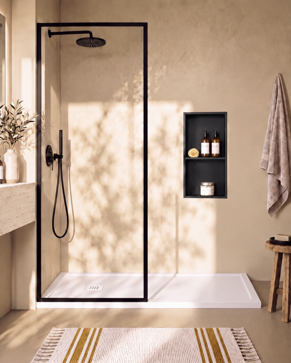 Arvi Marco receveur de douche résine Blanc – avec niche de douche Ebra 2 étagères sans éclairage Noir, grille d’évacuation blanche, vue de face