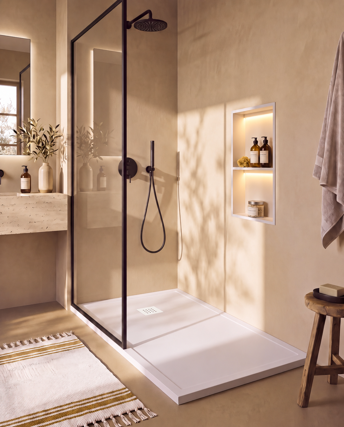 Arvi Marco receveur de douche résine Blanc – avec niche de douche Ebra 2 étagères avec éclairage Blanc, grille d’évacuation blanche, vue de biais