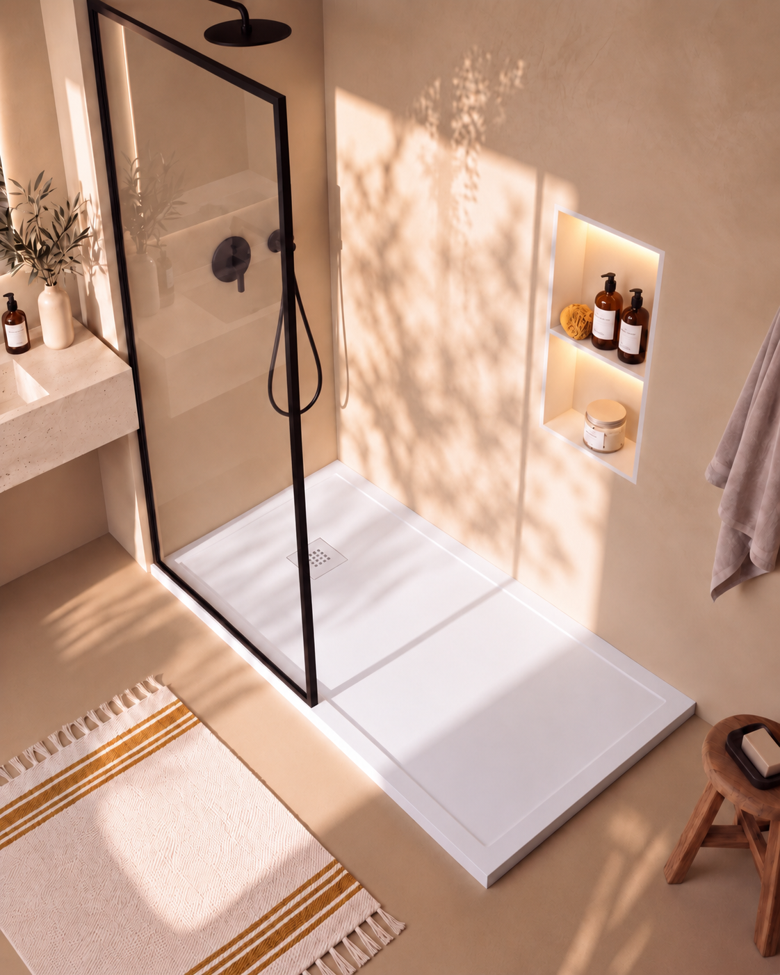 Arvi Marco receveur de douche résine Blanc – avec niche de douche Ebra 2 étagères avec éclairage Blanc, grille d’évacuation blanche, vue de dessus