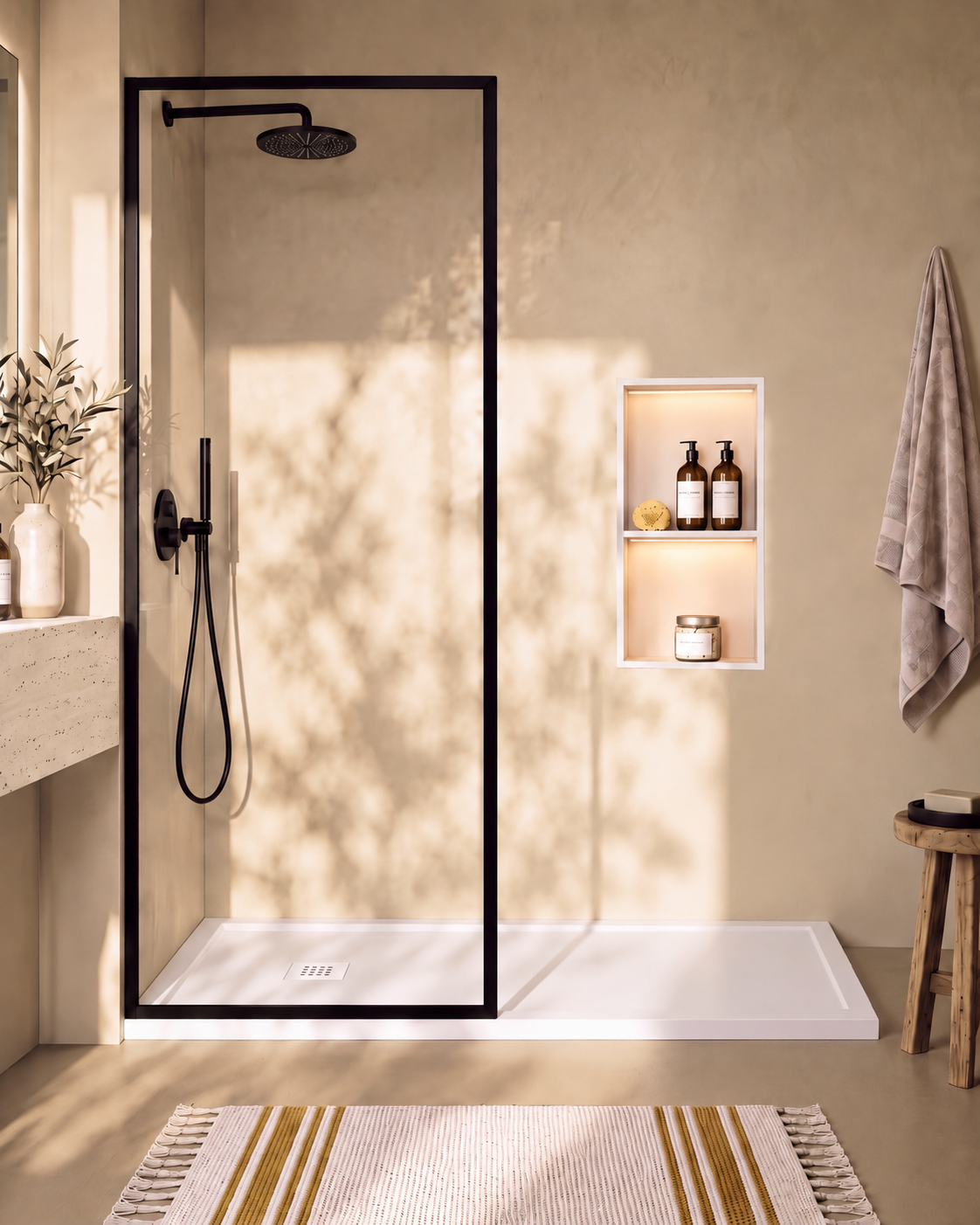 Arvi Marco receveur de douche résine Blanc – avec niche de douche Ebra 2 étagères avec éclairage Blanc, grille d’évacuation blanche, vue de face