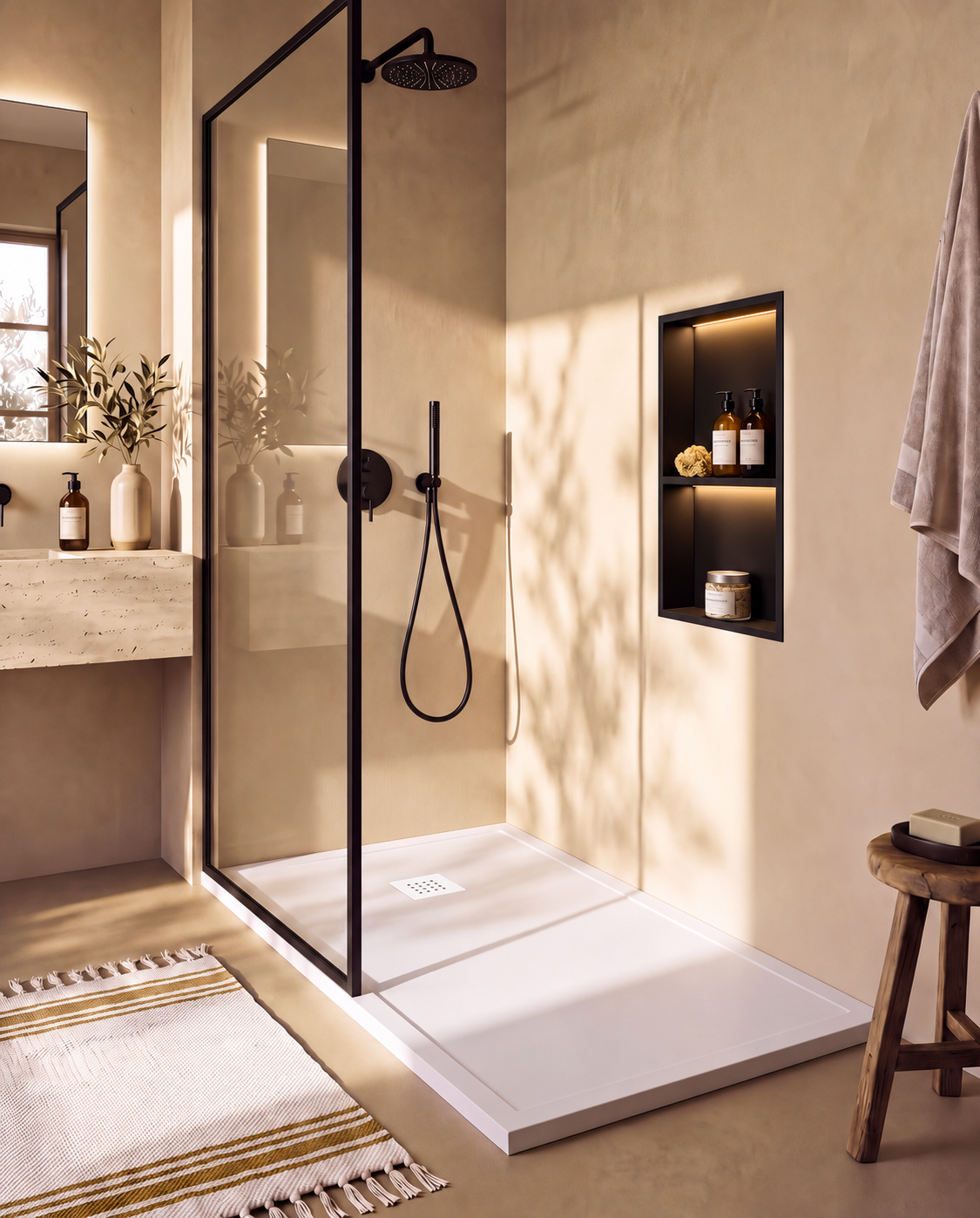 Arvi Marco receveur de douche résine Blanc – avec niche de douche Ebra 2 étagères avec éclairage Noir, grille d’évacuation blanche, vue de biais