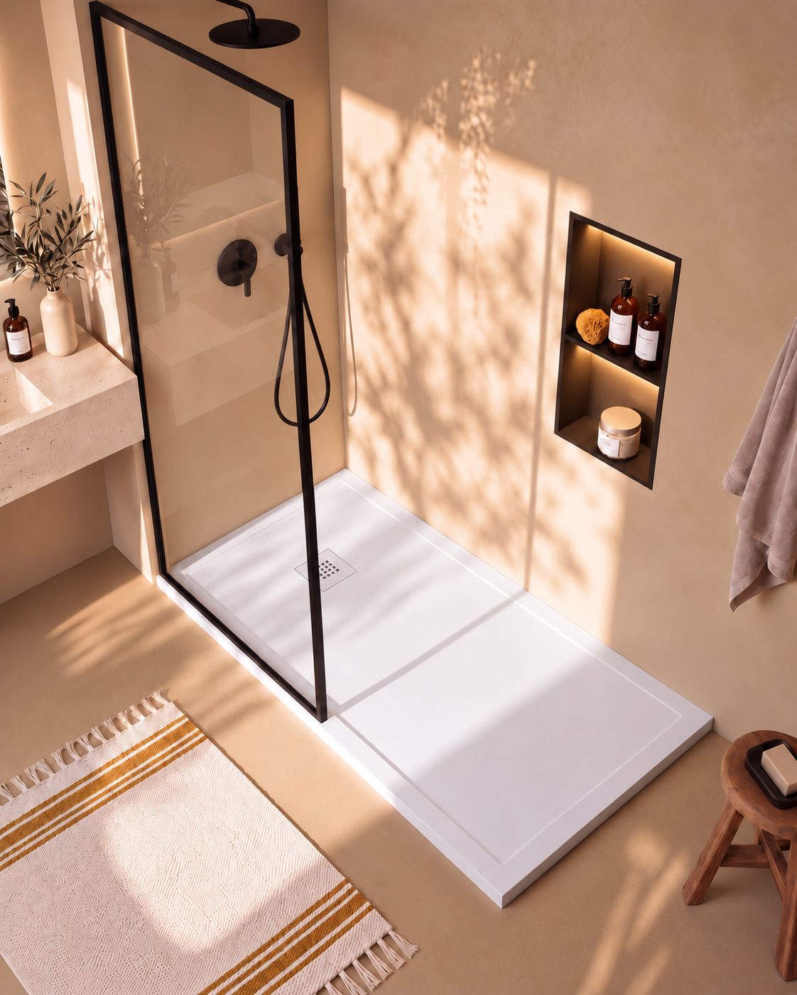 Arvi Marco receveur de douche résine Blanc – avec niche de douche Ebra 2 étagères avec éclairage Noir, grille d’évacuation blanche, vue de dessus