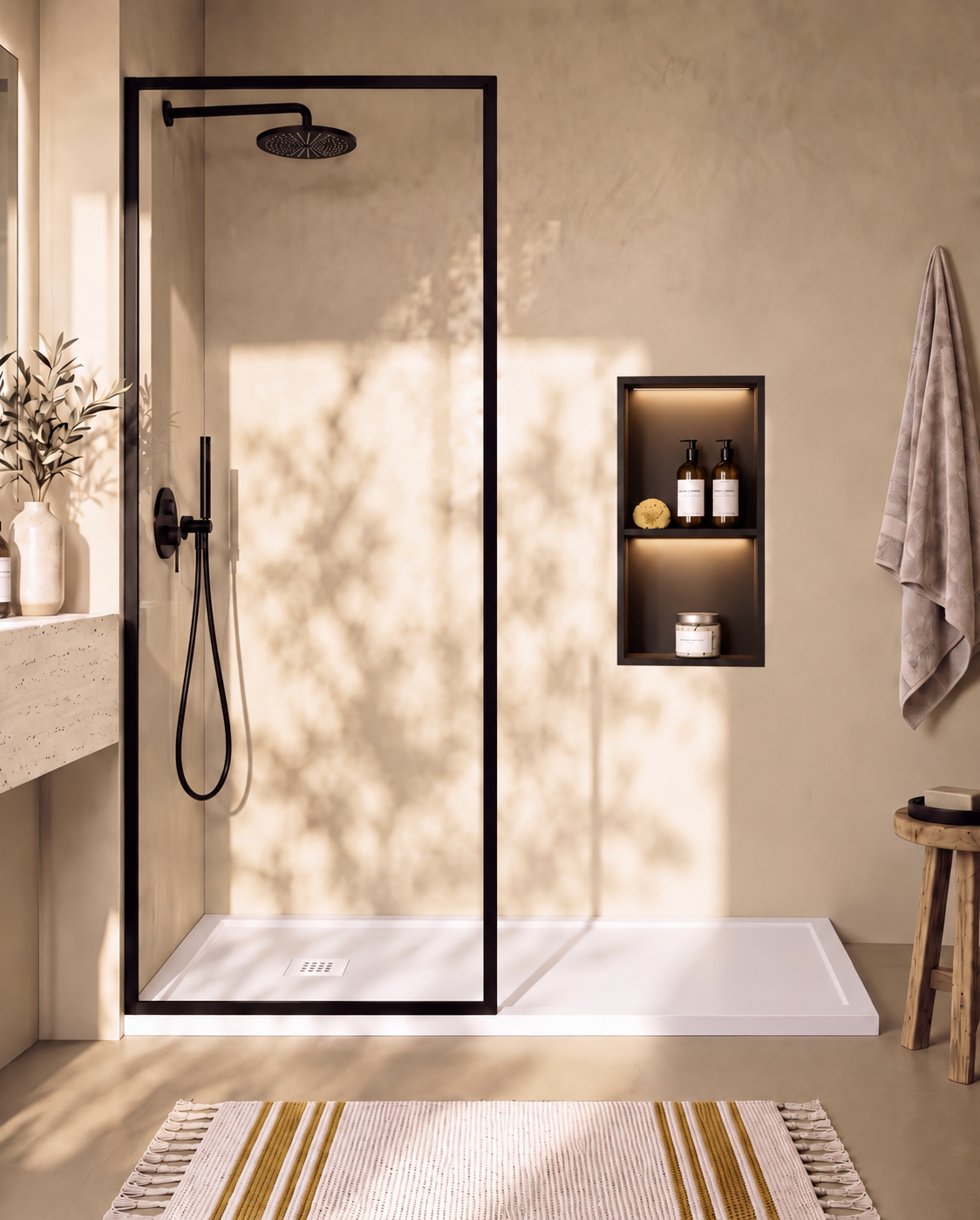 Arvi Marco receveur de douche résine Blanc – avec niche de douche Ebra 2 étagères avec éclairage Noir, grille d’évacuation blanche, vue de face