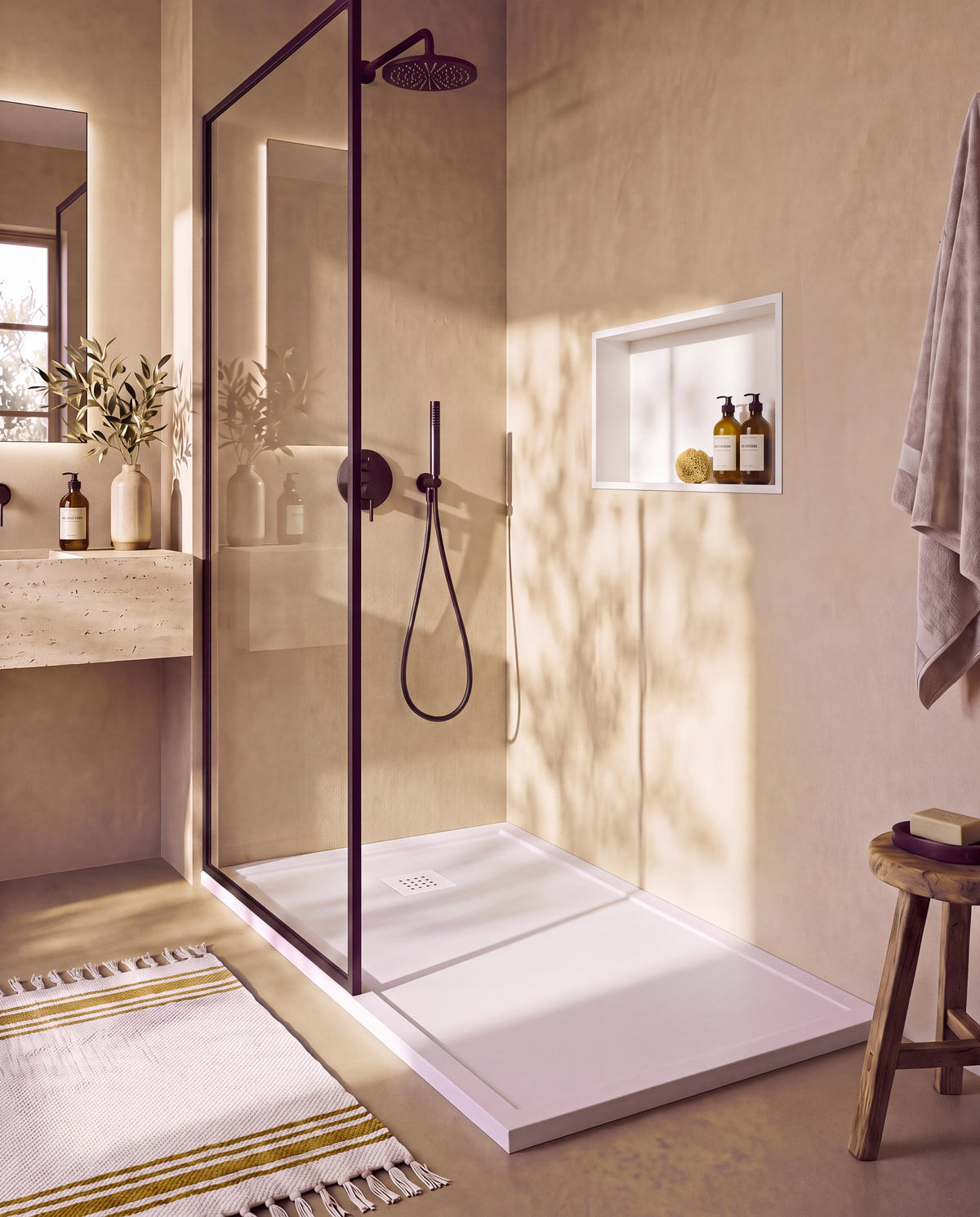 Arvi Marco receveur de douche résine Blanc – avec niche de douche Ebra 1 grande étagère sans éclairage Blanc, grille d’évacuation blanche, vue de biais