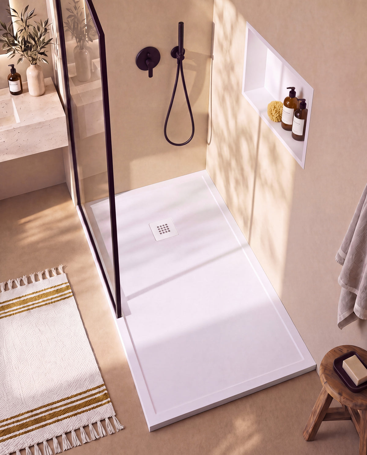 Arvi Marco receveur de douche résine Blanc – avec niche de douche Ebra 1 grande étagère sans éclairage Blanc, grille d’évacuation blanche, vue de dessus