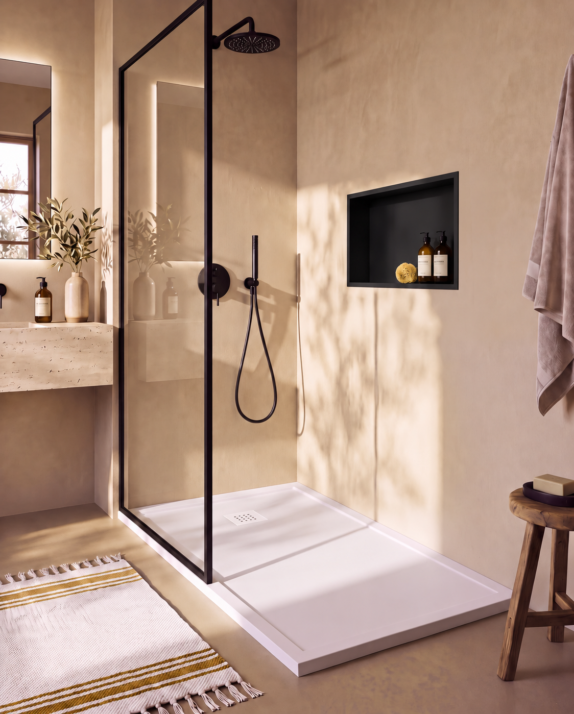 Arvi Marco receveur de douche résine Blanc – avec niche de douche Ebra 1 grande étagère sans éclairage Noir, grille d’évacuation blanche, vue de biais