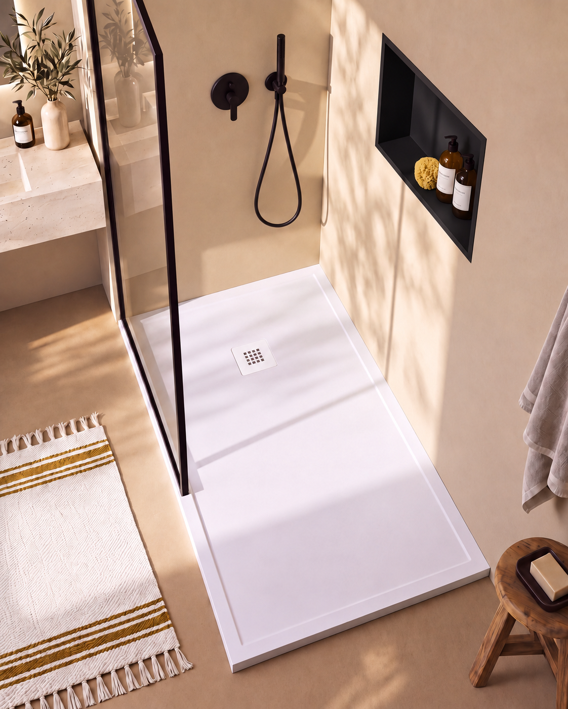 Arvi Marco receveur de douche résine Blanc – avec niche de douche Ebra 1 grande étagère sans éclairage Noir, grille d’évacuation blanche, vue de dessus