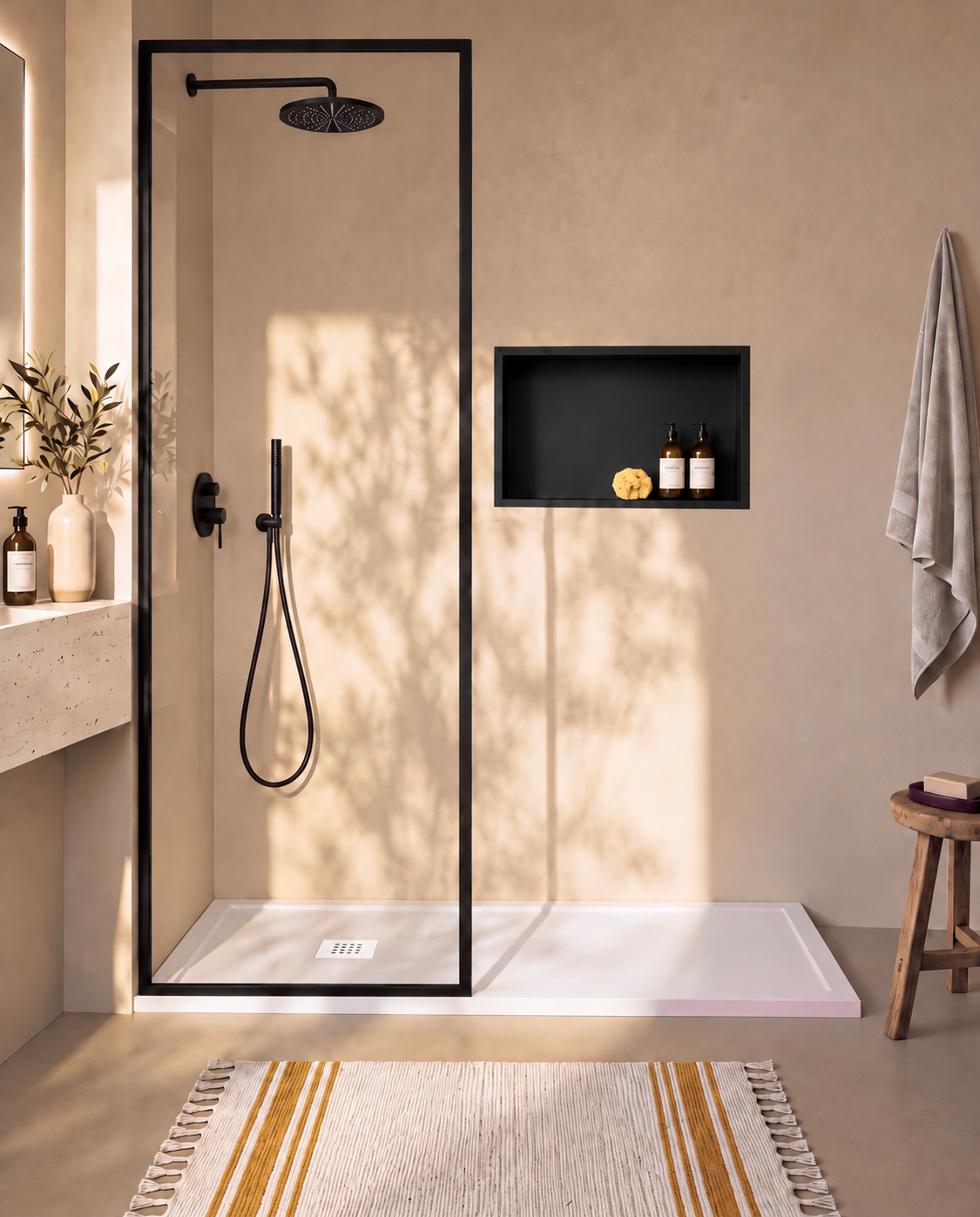 Arvi Marco receveur de douche résine Blanc – avec niche de douche Ebra 1 grande étagère sans éclairage Noir, grille d’évacuation blanche, vue de face