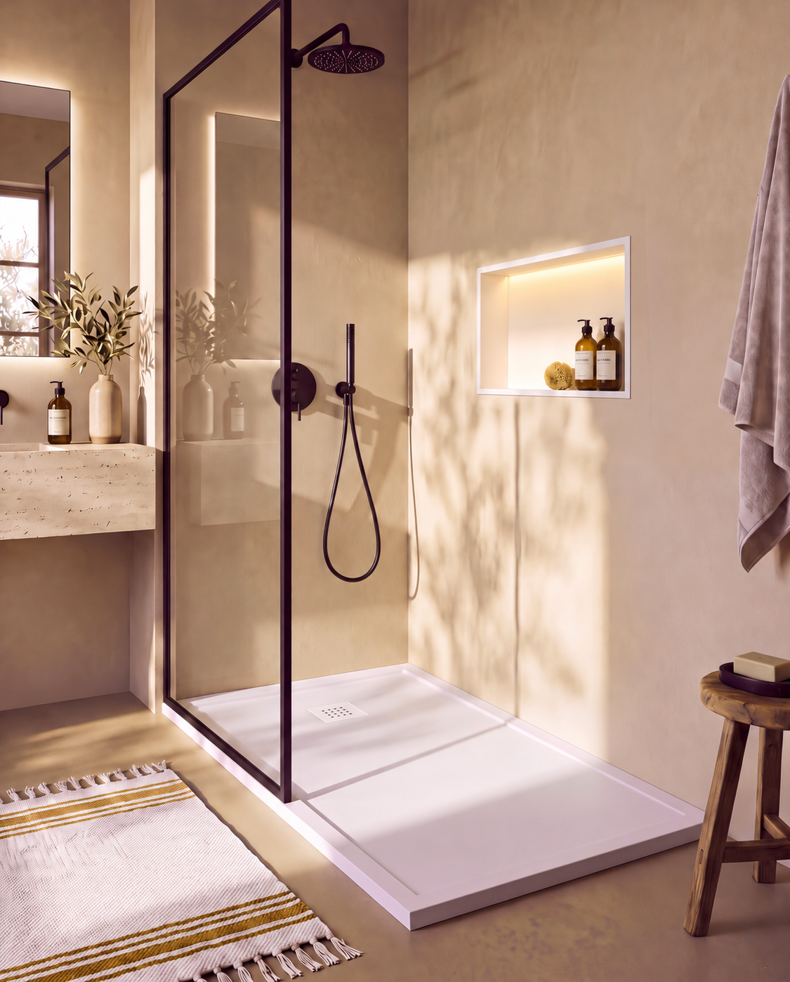 Arvi Marco receveur de douche résine Blanc – avec niche de douche Ebra 1 grande étagère avec éclairage Blanc, grille d’évacuation blanche, vue de biais
