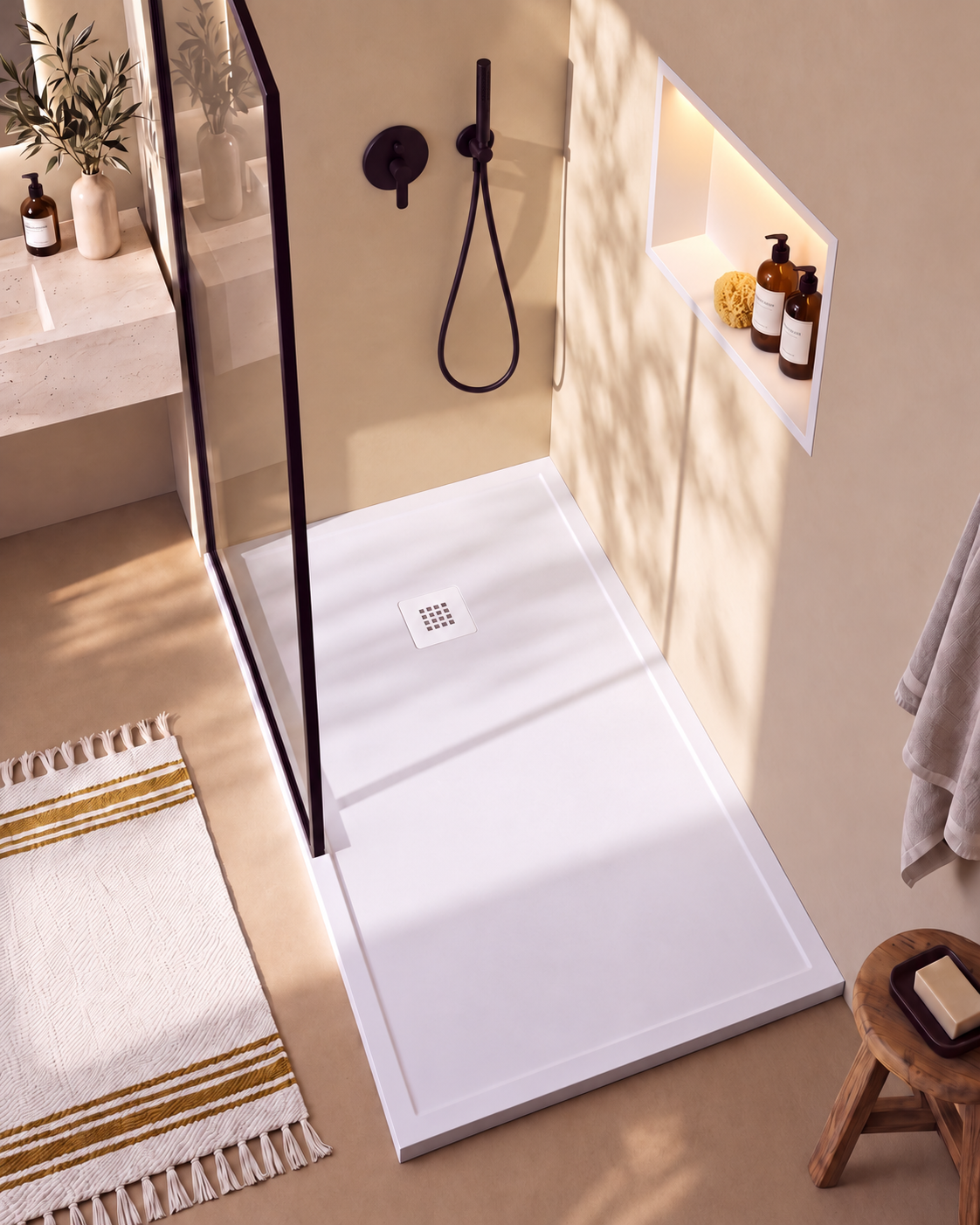 Arvi Marco receveur de douche résine Blanc – avec niche de douche Ebra 1 grande étagère avec éclairage Blanc, grille d’évacuation blanche, vue de dessus
