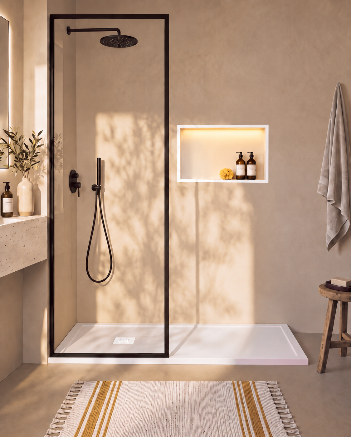 Arvi Marco receveur de douche résine Blanc – avec niche de douche Ebra 1 grande étagère avec éclairage Blanc, grille d’évacuation blanche, vue de face
