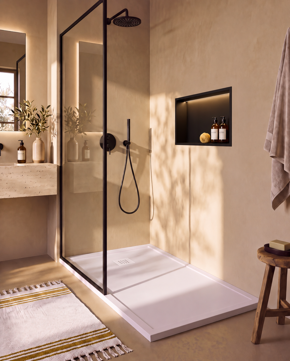 Arvi Marco receveur de douche résine Blanc – avec niche de douche Ebra 1 grande étagère avec éclairage Noir, grille d’évacuation blanche, vue de biais