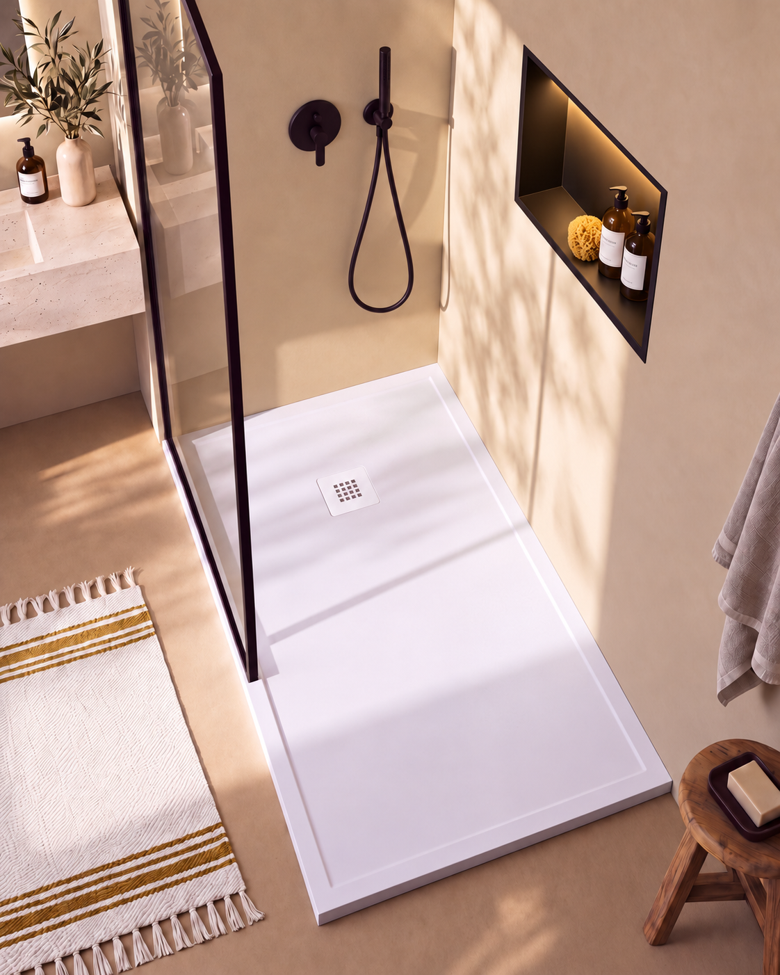 Arvi Marco receveur de douche résine Blanc – avec niche de douche Ebra 1 grande étagère avec éclairage Noir, grille d’évacuation blanche, vue de dessus