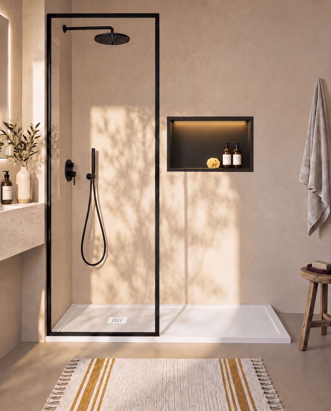 Arvi Marco receveur de douche résine Blanc – avec niche de douche Ebra 1 grande étagère avec éclairage Noir, grille d’évacuation blanche, vue de face
