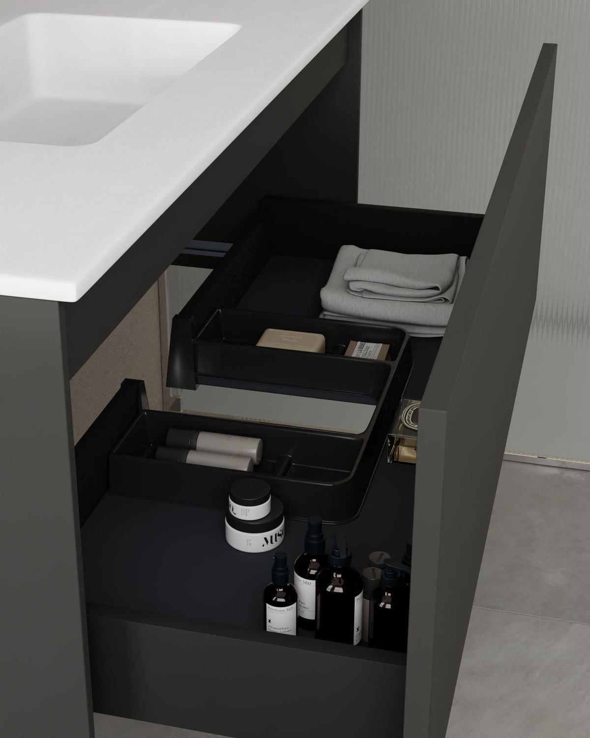 Zuri 1 tiroir Gris Cendré – avec plan vasque Toren Blanc, Tablier 2 cm, sans trou de robinet, vue du tiroir