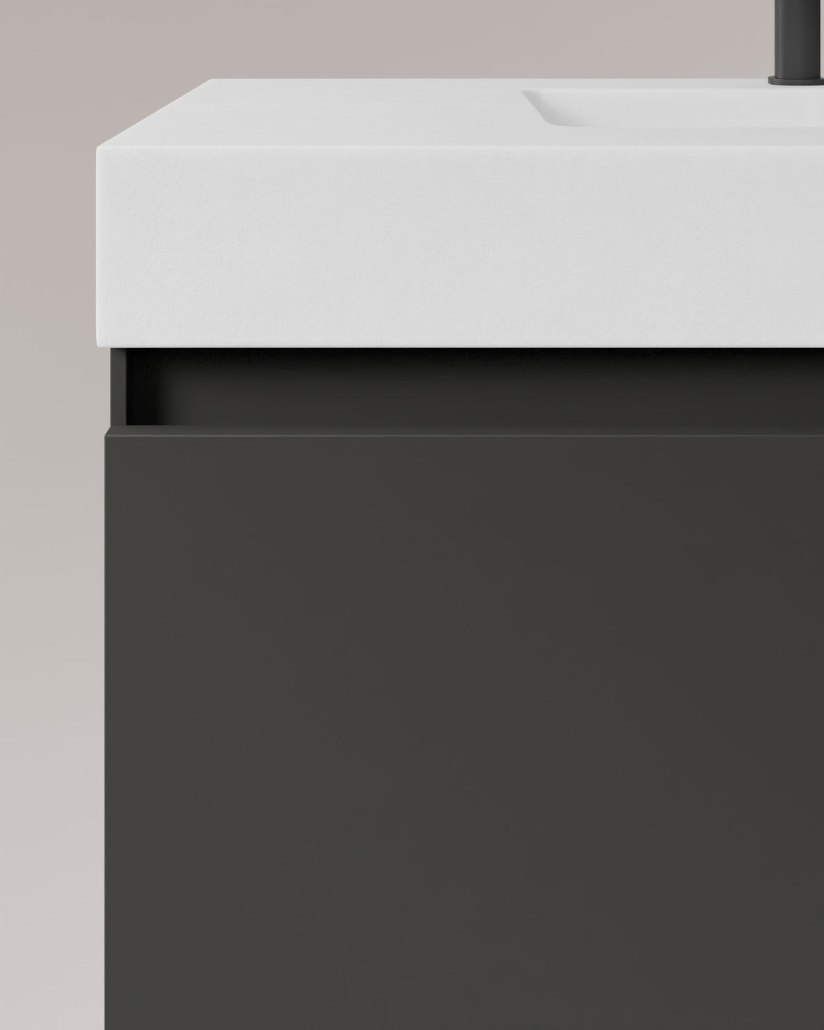 Zuri 1 tiroir Gris Cendré – avec plan vasque Toren Blanc, Tablier 10 cm, sans trou de robinet, vue de détail