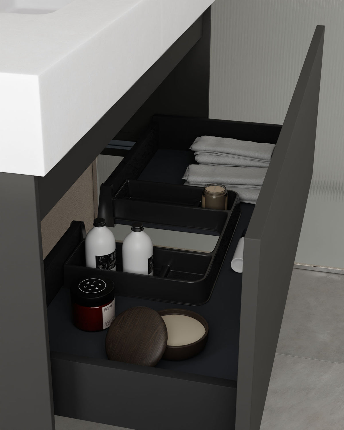 Zuri 1 tiroir Gris Cendré – avec plan vasque Toren Blanc, Tablier 10 cm, sans trou de robinet, vue du tiroir